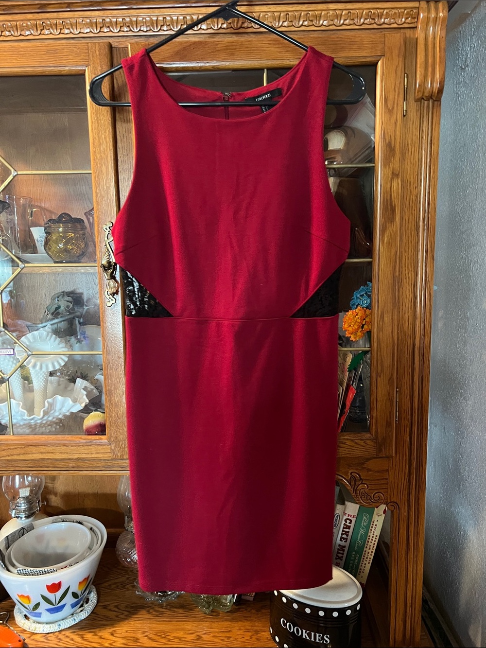 Red Sleeveless Sheath Dress with Black Lace cutouts